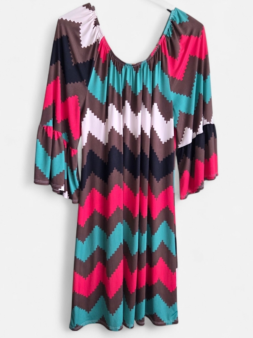Women’s Chevron Print Dress in Teal, Pink & Brown